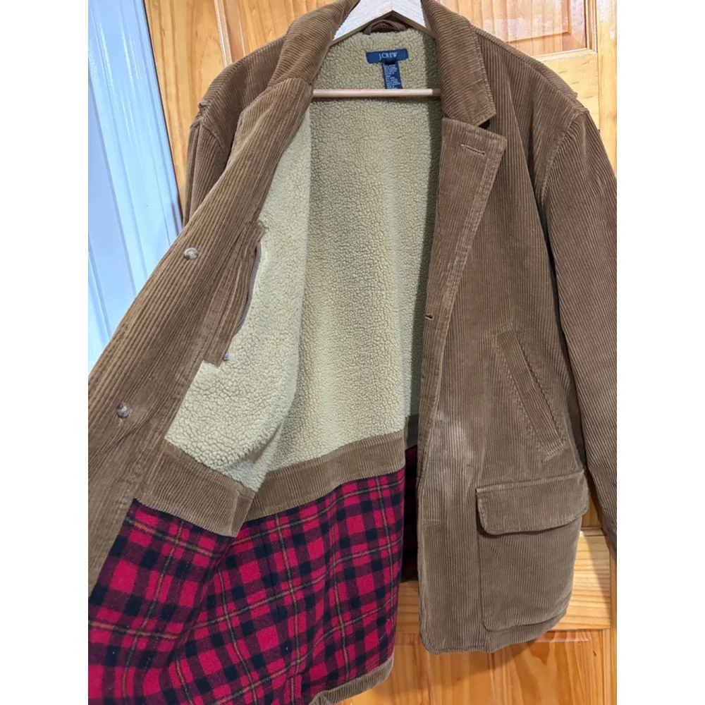 J.Crew Corduroy Sherpa Lined Barn Chore Jacket L Tan Plaid Lined Coat Mens Read